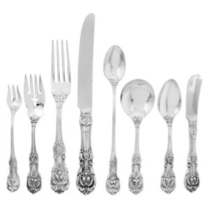 Francis I sterling silver flatware set patented in 1907 by Reed & Barton. 7 Place Setting for 12 with 7 serving pieces.