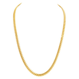 Cuban link chain in 14k yellow gold. 24 inch length. 6.5mm width.