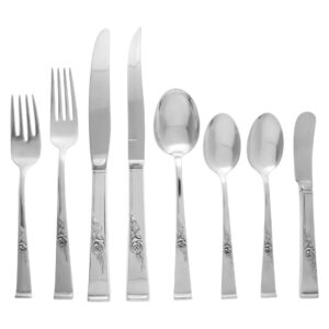 CLASSIC ROSE sterling silver flatware set by Reed & Barton, patented in 1954. 7 place set for 12 (double tea spoons) + 3 serving pieces.