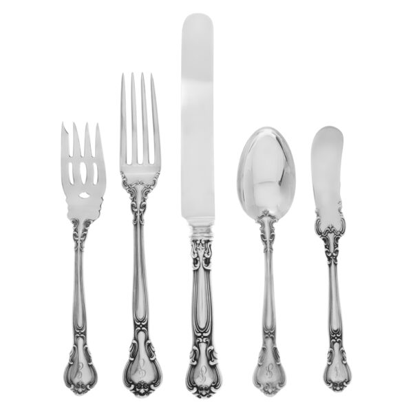 "CHANTILLY" antique sterling silver flatware patented 1895 by Gorham. 5 place set x 14 + 16 serving pieces.