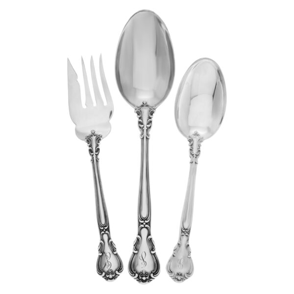 "CHANTILLY" antique sterling silver flatware patented 1895 by Gorham. 5 place set x 14 + 16 serving pieces.