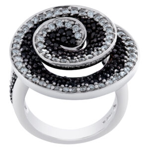 Spiral ring with black and white diamonds in 14k white gold