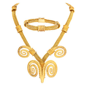 VIntage Greek Designer "LALAOUNIS" original "Ram's head" design, necklace & bracelet set  in solid 18kt yellow gold.