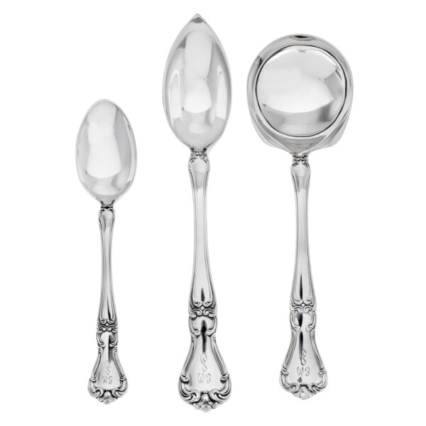 BUCKINGHAM sterling flatware set, patented in 1910 by Gorham. Over 4000 grams of sterling silver-- 9 +4 place setting for 12 + 6 Serving Pieces.