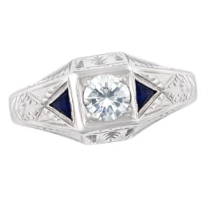 Antique diamond and sapphire ring in 18k white gold