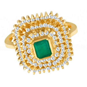 Forest green Colombian emerald ring surrounded in diamonds in 18k yellow gold