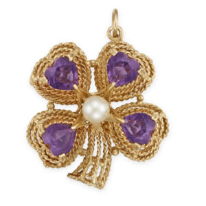 Vintage amethyst four leaf clover pendant in 14k pink gold