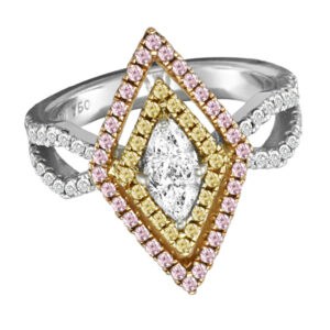 Geometric ring with natural white, yellow & pink diamonds in 18k and platinum