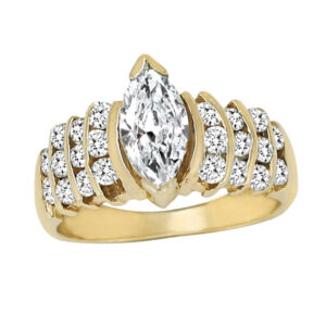 Marquise diamond ring in 14k yellow gold. 0.85 carat center diamond & app. 0.66 cts in side