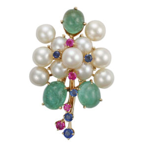 Pearl, cabochon emerald & sapphire pin/brooch