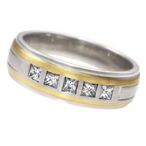 Mens princess cut diamond ring in 18k white & yellow gold