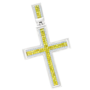 Sunny 14k White Gold Diamond Cross With Princess Cut White And Yellow Diamonds