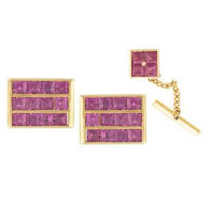 Elegant cufflinks and tie tack with brilliant amethyst