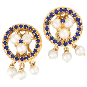 French clips in 14k with pearls surrounded by app. 1.68 cts sapphires