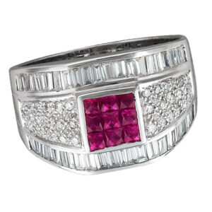 Fancy rubies and diamond ring in 18k white gold. 1.00 carats in diamonds. Size 8.5