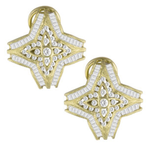 Unique design diamond earrings in 14k yellow gold. 1.20 carats in diamonds