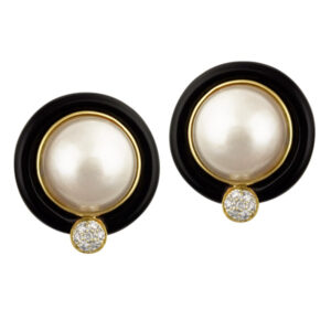 Mobe Pearl And Onyx Earrings With Pave Diamonds In 18k