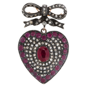 Antique gold over silver heart broach/pendant set w/ rose cut diamonds & rubies