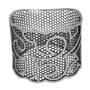 18k white gold cuff bangle with swirls of diamonds