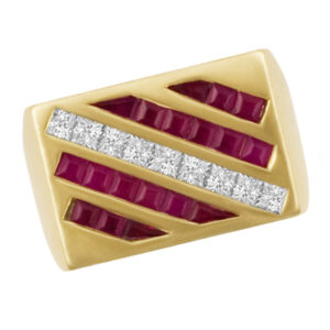 Scuba flag diamond & ruby ring in 14k, app 0.63 cts in diamonds