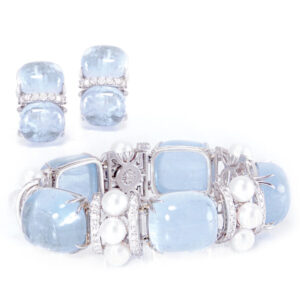 Seaman & Schepps bracelet and earring set with diamonds, pearls & aquamarine. 101.85 grams