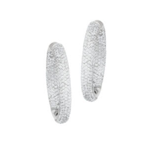 Pave diamond hoop earrings in 14k white gold with over 4 cts in diamonds