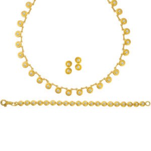 Gurhan 24k gold jewelry set (earrings, necklace & bracelet) with bezel set diamonds.