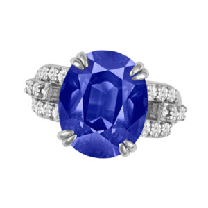 Sapphire & diamond ring with 10.57 ct not heated blue sapphire and 0.51 cts dia (F-G; VS1)