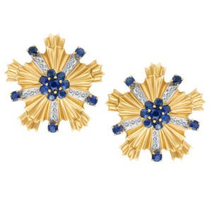 Art Deco Flower Design earrings in 14k with diamonds & sapphires