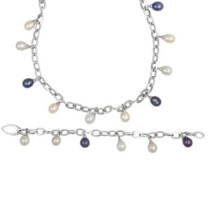 Mutli colored pearl necklace & bracelet set in 18k white gold, app. 9 mm pearls