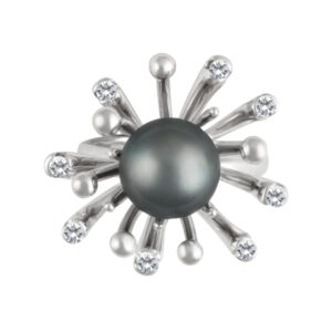 Black cultured pearl in a 18k white gold diamond spray setting; app 0.50 cts & 9 mm pearl