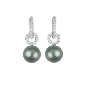 Modern 18kt white gold earrings with 11mm Thaitian pearl and approx. .40 carats in diamonds