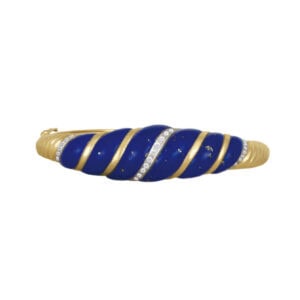 Blue lapis with diamond accents bangle bracelet in 14k yellow gold