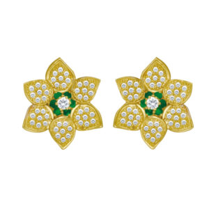 Diamond and emerald flower earrings in 14k.