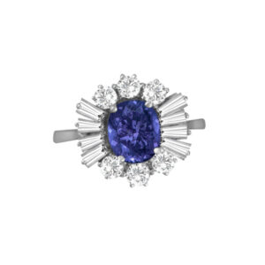 Pretty oval cut 1.0cts blue sapphire set in 18k white gold w/ 1.00cts diamond accents