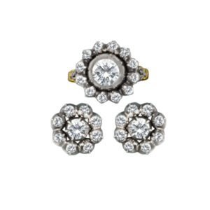 Vintage earring and ring set in 14k with silver top and app. 1.50 cts in rose cut diamonds