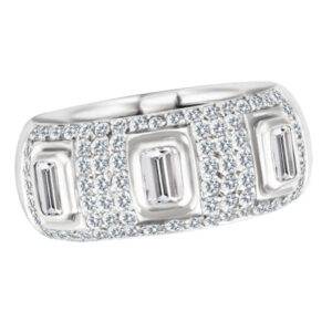 Diamond Ring In 18k White Gold W/App. .75 Cts In Emerald Cut Diamonds And App. .75 Cts In Round Pave