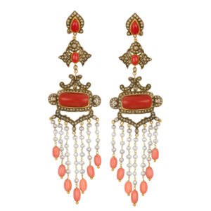 Silver And Gold coral & Rose cut Diamond Earrings With 4.10 Cts In Dia And 15.10 Cts In Corals