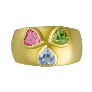 Heart-shaped amethyst, peridot & pink tourmaline ring in 18k