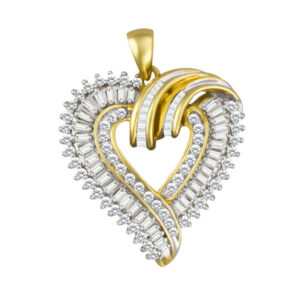 Heart shape pendant in 14k with approximately 1.25 carats in round & baguette diamonds