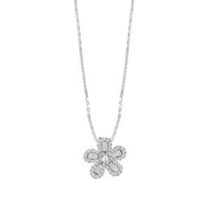 Flower diamond pendant in 18k white gold with 0.94 cts in round diamonds & 0.48cts in baguette dia