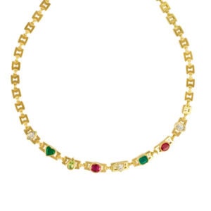 Necklace in 14k w/1 marquise dia 0.42 ct, 1 heart shape dia 0.38ct, 1oval emerald 0.39ct, 1 heart sh