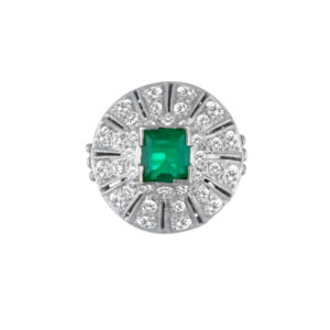 Vintage ring in 18k white gold with center emerald and 12 diamond "Petals" size 6.25