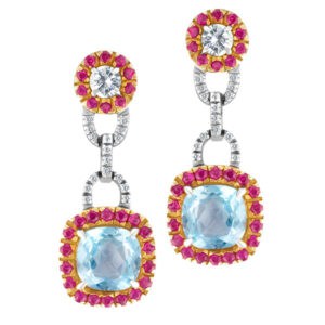 Blue topaz earrings with rubies and diamonds accents in 14k white gold