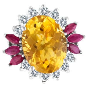 14k white gold ring with citrine, diamonds and rubies.