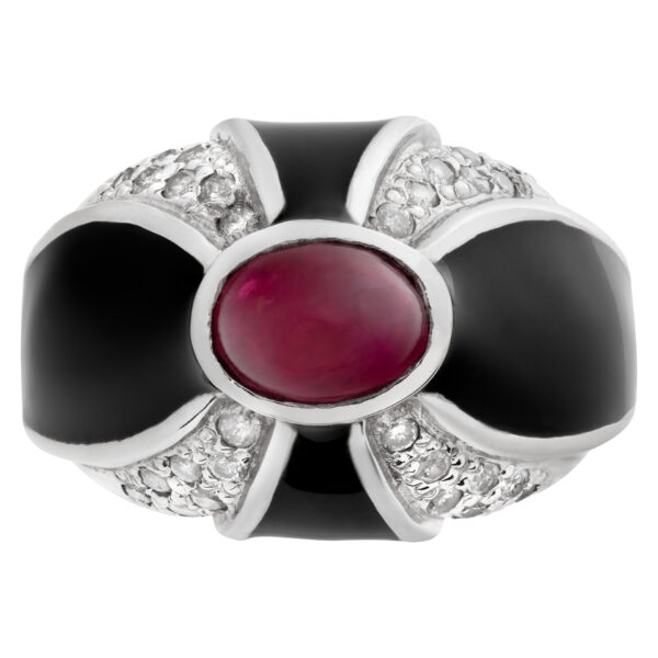 Stunning cabochon ruby and diamond ring in 14k white gold with black enamel