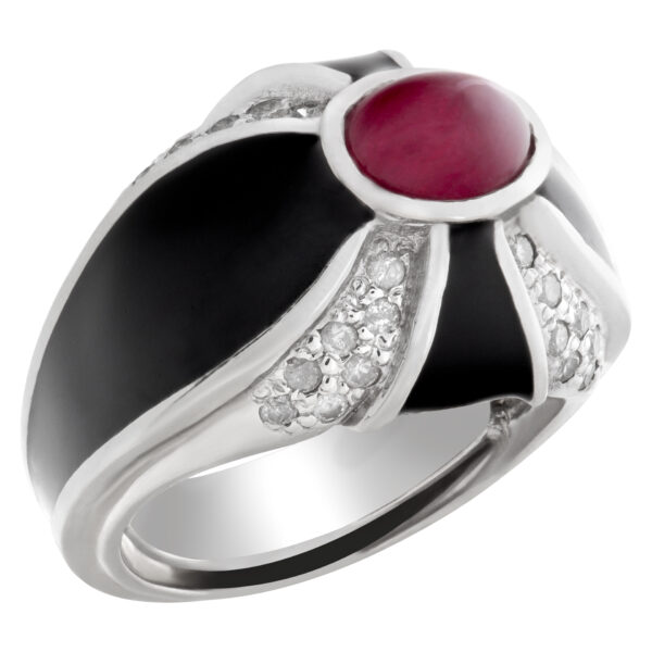 Stunning cabochon ruby and diamond ring in 14k white gold with black enamel