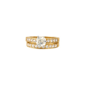 Diamond Eternity Band and Ring Antique Cushion Cut Diamond Center app 1.05 ct set in Modern 14k Yellow Gold Ring w/matching Semi E