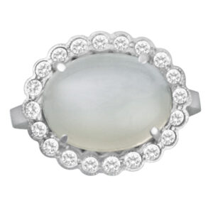 Silver moon ring with pave diamond frame in 18k white gold. Size 5.75