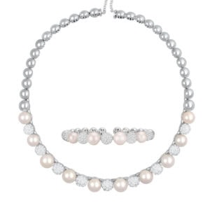 Pearl & pave diamond choker & bracelet set in 18k wg, 14 x 9mm pearls